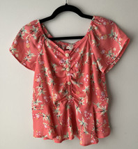 Self Esteem Pink Palm Tree Print Peplum Short Sleeve Shirt with Buttons Size L - £9.31 GBP