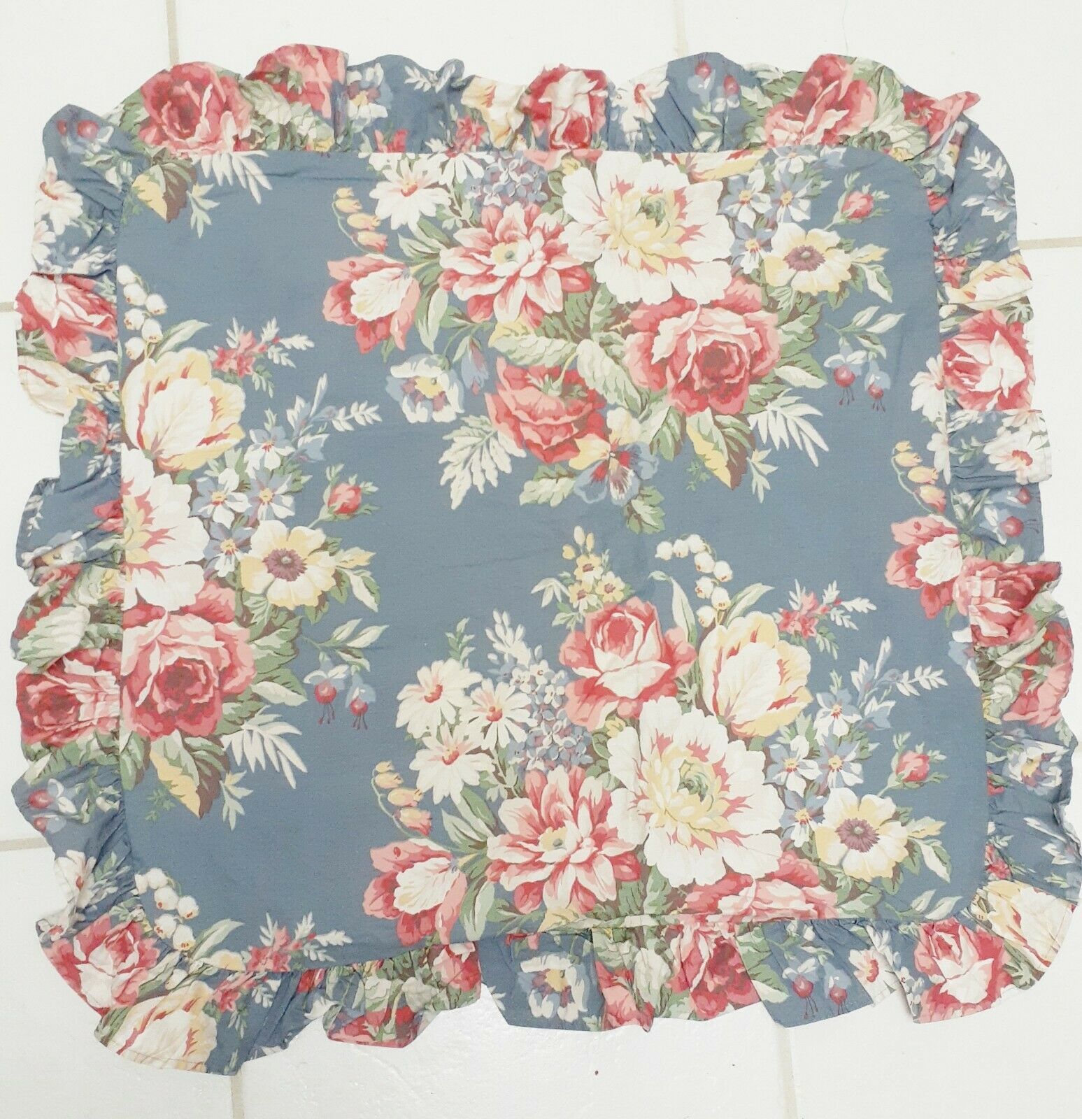 RALPH LAUREN KIMBERLY Ruffled Pillow Sham Euro SQUARE Single Blue Floral Cottage - £111.83 GBP