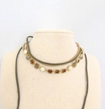 INC Inter. Nat. Gold Tone Amber Stone Green Faux Suede Choker Necklace E717 - $10.55