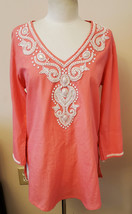 Key Lime &amp; Pink Embellished Tunic Shell and Beads Sz.XL Pink 100%Cotton - £31.44 GBP