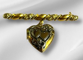 Vintage Bar Brooch Pin with Heart Locket Gold Tone Victorian Roses Desig... - $26.99