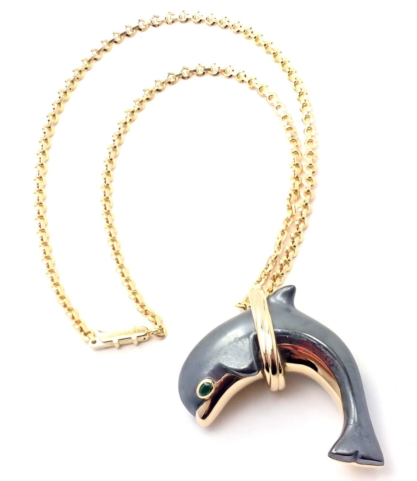 Primary image for Rare! Authentic Cartier 18k Yellow Gold Hematite Dolphin Pendant Link Necklace