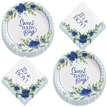Baby Shower Party Baby in Bloom Blue Gingham &amp; Floral Paper Dessert Plat... - £12.17 GBP+