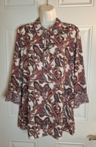 Foxcroft Lace-Up 3/4 Sleeve Pleated Cuff Paisley Tunic Top Blouse Size 10 - $25.64