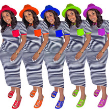 Striped Print Casual Dresses Short Sleeve Maxi Dress Fashion Vacation Ou... - £17.28 GBP
