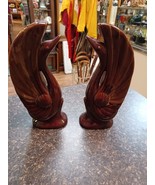 Pair Of 8.5&quot; Vintage Mid Century Ceramic Swans Brown Drip Redware Figurines - $29.69