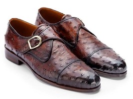 Paul Parkman Mens Shoes Brown Leather Monkstrap Ostrich Casual Handmade ... - £618.39 GBP