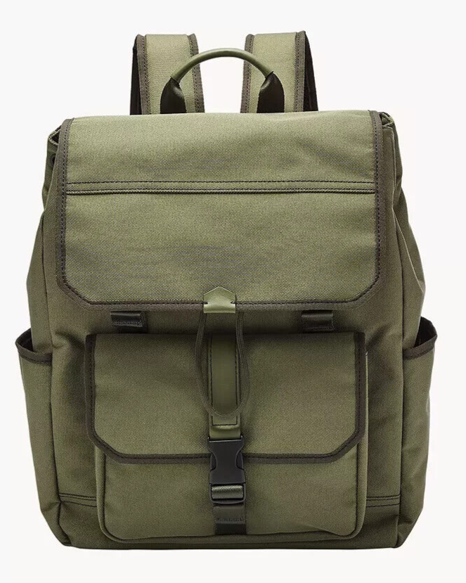 Fossil Weston Nylon Olive Green Laptop Backpack Leather Trim SBG1320345 NWT $350