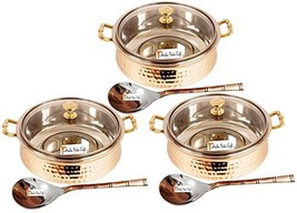 Set of 3 Prisha India Craft SMALL SIZE Steel Copper HANDI with Lid and Serving S - £85.43 GBP
