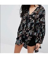 Free People Womens XS Just The Two Of Us Black Boho Tunic Peasant Floral Top - $35.00