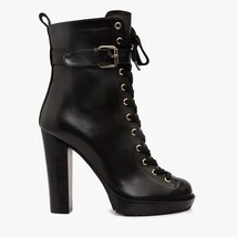 The Estrada Black Leather Lace-Up Platform Heel Mid Calf Women Boot image 6