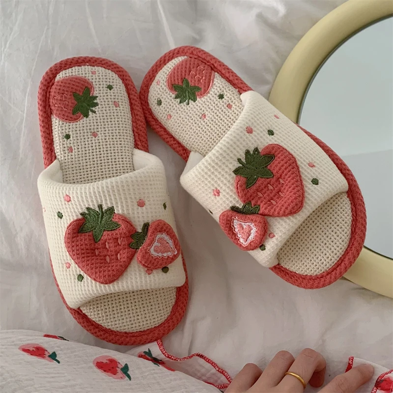 Strawberry Cute Linen Slippers Women Spring Autumn Home Floor Cotton Linen Slipp - £38.69 GBP