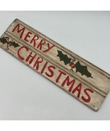 Small Handmade Primitive Merry Christmas Sign Red White Holly Rustic 12" - £17.11 GBP