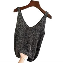 Solid Sequin Knitted Top, V-Neck Sleeveless Casual Top Size L - £19.70 GBP