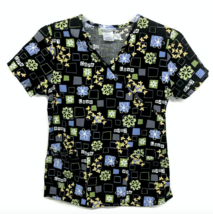 SB SCRUBS Scrub Shirt Women Sz XS Extra Small Love Care Black Floral But... - $11.99