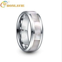 8mm Tungsten Carbide Ring Steel Color Inlay White Mother-of-pearl Men&#39;s Wedding  - £18.67 GBP