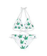 Custom White Strappy Bikini Set w/ Green Hemp Pot Marijuana Leaf Design XS-XL - £46.83 GBP