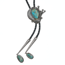 39&quot; 60&#39;s-70&#39;s Native American silver and turquoise bolo tie with fancy d... - $386.10