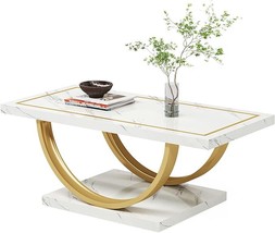 47.24 Inche White Faux Marble Veneer Coffee Table, Mid-Century Modern Rectangle  - £228.84 GBP