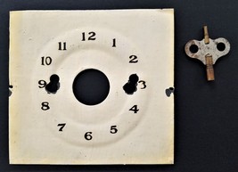 Antique Enamel Painted Metal Clock Face W Key 6.5x6.75 Parts Repair - £54.43 GBP