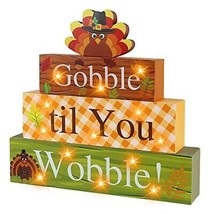 Thanksgiving Wooden Block Sign with Led Lights- Gobble til You Wobble Turkey - $53.78