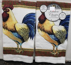 SET OF 2 SAME PRINTED KITCHEN TOWELS(15&quot;x25&quot;) BLUE TAILED ROOSTER ON WHI... - £9.46 GBP