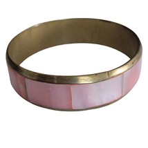 Antique Pink Mother of Pearl Shell Inlay Brass Bangle Bracelet - $11.87