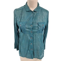 vtg 1970s Green Button Down Cotton Gauze Shirt Metallic Silver Thread Wo... - $42.77