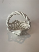 Vintage White Ceramic Woven Basket With Handle Lattice 5&quot; Tall - £6.40 GBP