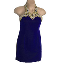 T.N.B. Vintage Formal Velvet Royal Blue Dress ~ Sz 13/14 ~ Beads ~ Halter - £68.59 GBP