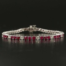 10 Ct Round Cut Lab Created Red Ruby and Cz Luxury Tennis Bracelet 7&quot; 925 Silver - £153.04 GBP