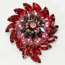 Juliana Brooch Red Pink Rhinestone Gold Tone 2.5&quot; H x 2&quot; L Swirl Design - £19.55 GBP