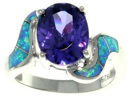 Jewelry Trends Sterling Silver Created Blue Opal and Purple CZ Passion R... - £46.84 GBP