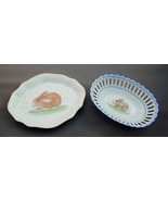 Early Signed Hand Painted Porcelain Tray &amp; Reticulated Bowl Bunny Rabbit - £55.58 GBP