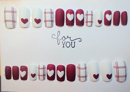 24pc Press on Nails Red White Hearts Matte Medium Length - £6.39 GBP