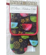 Kitchen Linen Set, 3-pc Potholder Mitt Towel, Coffee Decor, Cups Red Black - £10.20 GBP