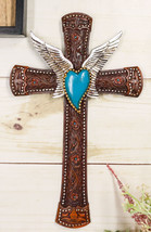 Western Boho Chic Turquoise Heart Angel Wings Tooled Floral Leather Wall... - $22.99