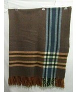Wool Plaid Stripe Brown Multicolor Fringed Throw Blanket - £47.16 GBP