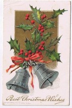 Holiday Postcard Embossed Best Christmas Wishes Mistletoe Bells  - £2.31 GBP