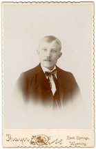 Circa 1880&#39;S Cabinet Card Handsome Man Mustache Suit Tie Thayer Rock Springs, Wy - £9.59 GBP