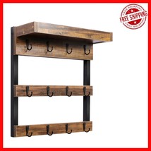 Elegant Rustic Wood Mug Rack with 12 Hooks &amp; Convenient Top Shelf - Easy... - $50.48