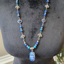 Womens Brillant Blue Firefly Lapis Scarab Beaded Necklace with Lobster C... - £21.82 GBP