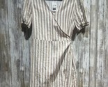Everly Women Dress Size L Beige White Striped Linen Wrap Short Sleeve B59 - $31.78