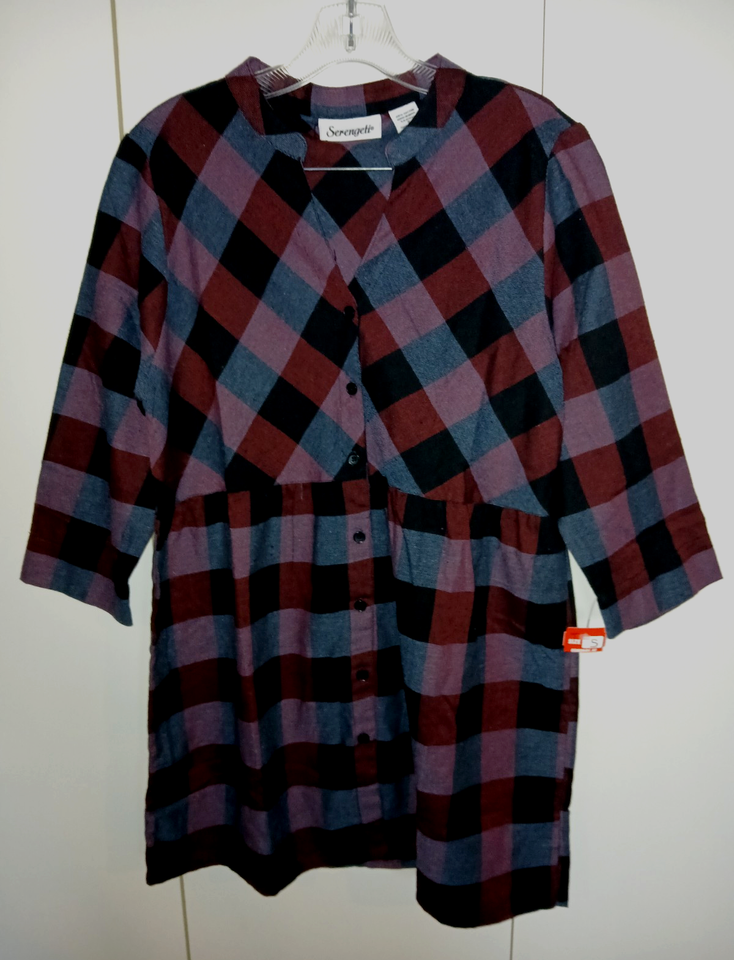SERENGETI LADIES 100% COTTON LONG HIGH-WAIST PLAID TOP-S-NWT-MADE IN INDIA - £10.52 GBP