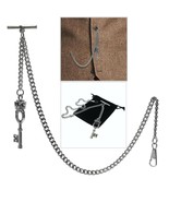 Albert Chain Silver Pocket Watch Chain for Men with Vintage Key Fob T Ba... - $24.49 CAD