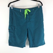 Hurley Men&#39;s Cargo Board Shorts Bermuda Neon Green Drawstring Pocket Blue M - £9.89 GBP