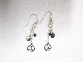 BLACK PEACE SIGN - FLOWER SEQUIN &amp; SEED BEAD 3 CHAIN DANGLE PAIR OF EARR... - $5.59 CAD