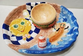 Hamburger Hot Dog Chip Dip Tray Hand Painted Ceramic Bowl Beach Side Sum... - €43,19 EUR