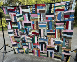 Vintage Hand Stitched MCM Fabrics Quilt TOP ONLY Crazy Retro Barkcloth remnants - £66.21 GBP