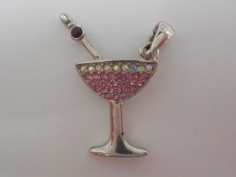 Small Jeweled Charm Martini Glass Pink &amp; White/Clear Faux Diamonds Silver Color - £3.92 GBP